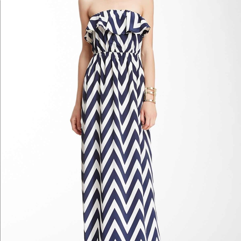 Strapless Ruffle Navy and Cream Chevron Dress